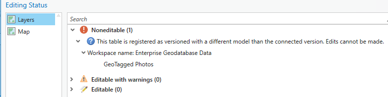 "This table is registered as versioned with a different model than the connected version. Edits cannot be made."